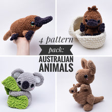 Load image into Gallery viewer, 4 Pattern Pack: Australian animals - Kangaroo, Koala, Baby Platypus, and No-Sew Platypus