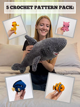 Load image into Gallery viewer, 5-Pattern Pack: Shark with Mouth Pocket to Fit 4 Fish Friends: Clownfish, Blue Tang, Octopus, Seahorse